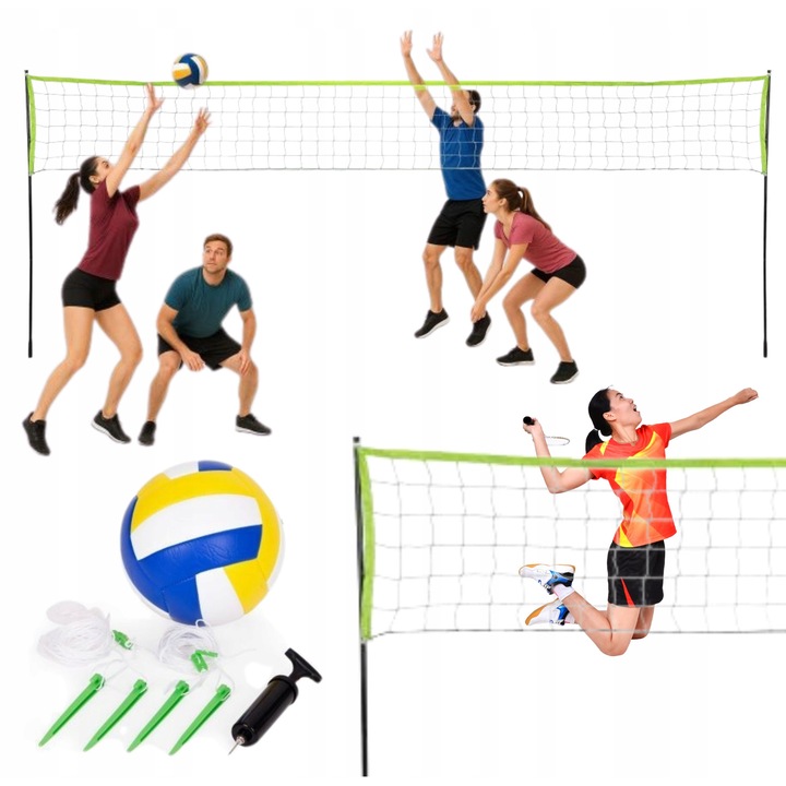 Set plasa badminton/volei, 600x240cm, inaltime reglabila 180/240cm, metal, negru/alb, include minge si pompa