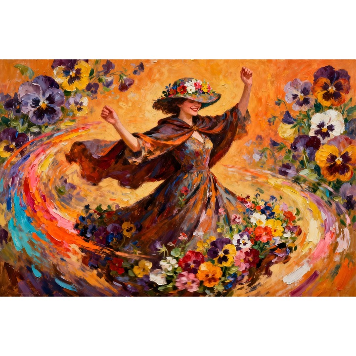 Tablou Canvas Dansul florilor feminin 4, 150x100cm, stil pictura, sasiu de lemn, panza de bumbac 90%, agatatoare invizibila