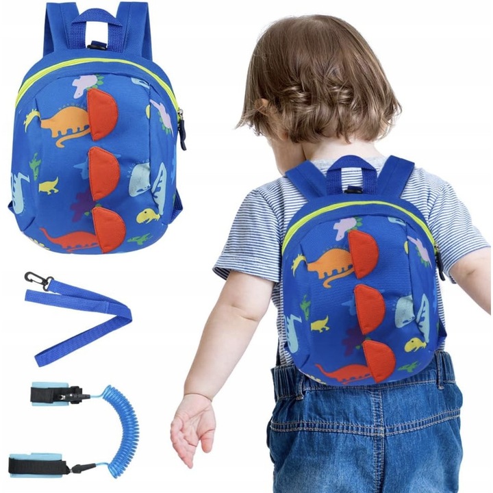 Rucsac cu sarme de siguranta pentru copii, model dinozauri, 20x26x10cm, albastru, set