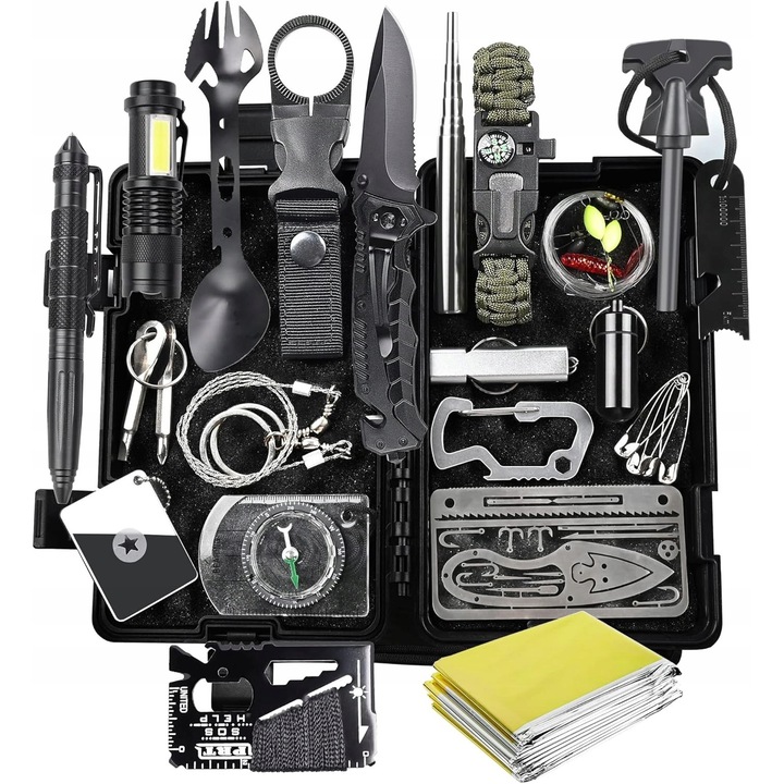 Set de supravietuire 20W1 cu rucsac militar, accesorii de prim ajutor, lanterna, busola, multicolor