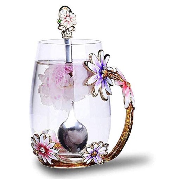 Cana din sticla cu flori 350 ml, set cu lingurita si accesorii, roz, violet, auriu