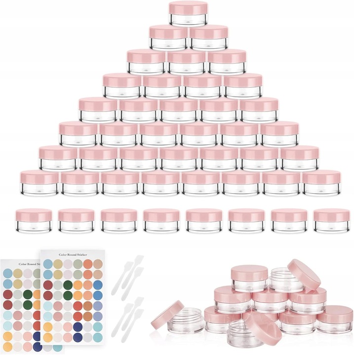 Set 64 recipiente cosmetice 5 ml, transparente, cu spatule si etichete, pentru calatorii