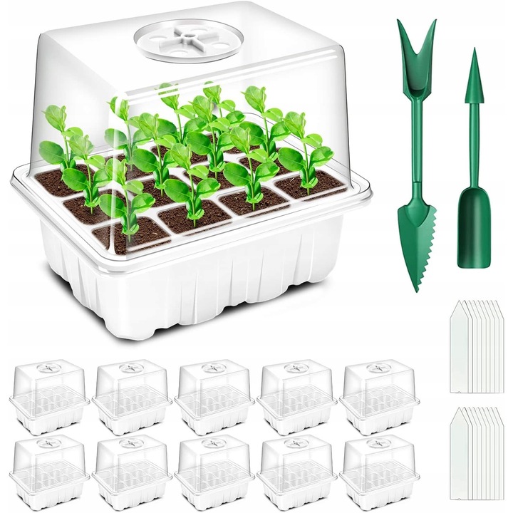 Tava pentru germinarea semintelor, 10 buc., 120 celule, alb, dimensiuni 3,7x3,7x5,5cm