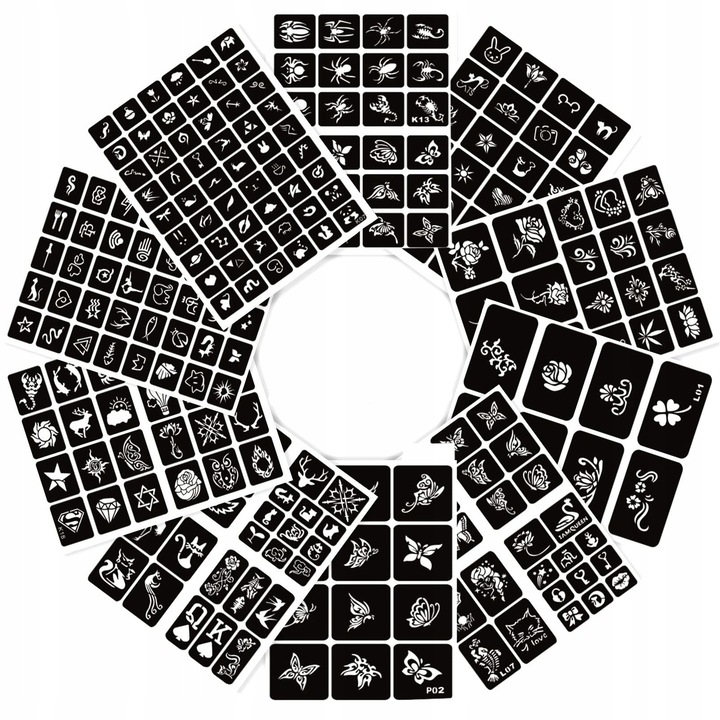 Set de 10 sabloane pentru tatuaje temporare, 29x21cm