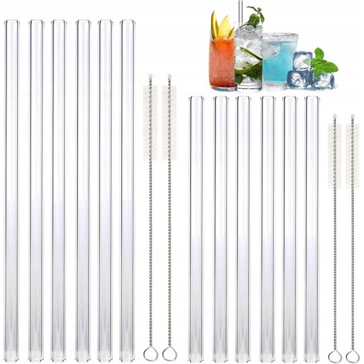 Set 12 paie din sticla reutilizabile, 6 scurte 15cm si 6 lungi 21,5cm, cu 4 perii de curatare, fara BPA