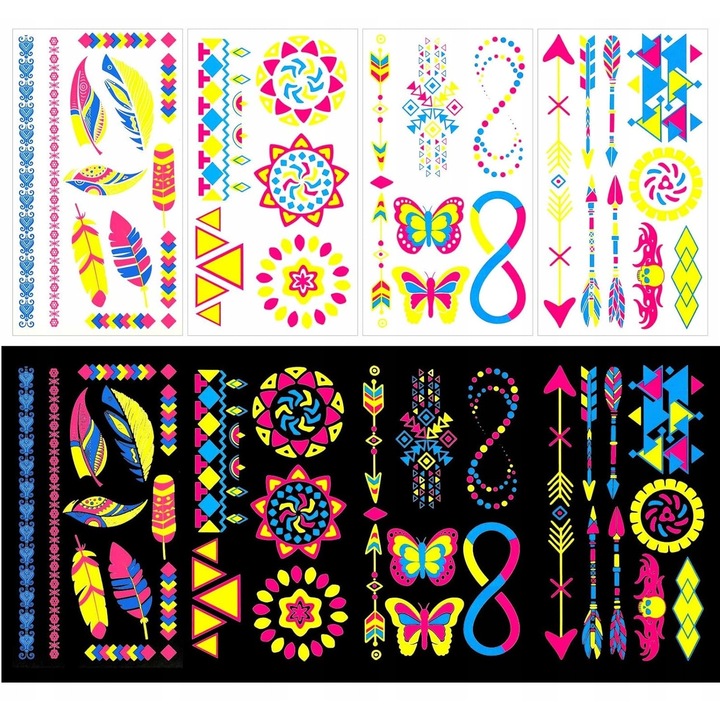 Tatuaje temporare, set 20 foi, boho neon, stralucitoare UV, multicolor