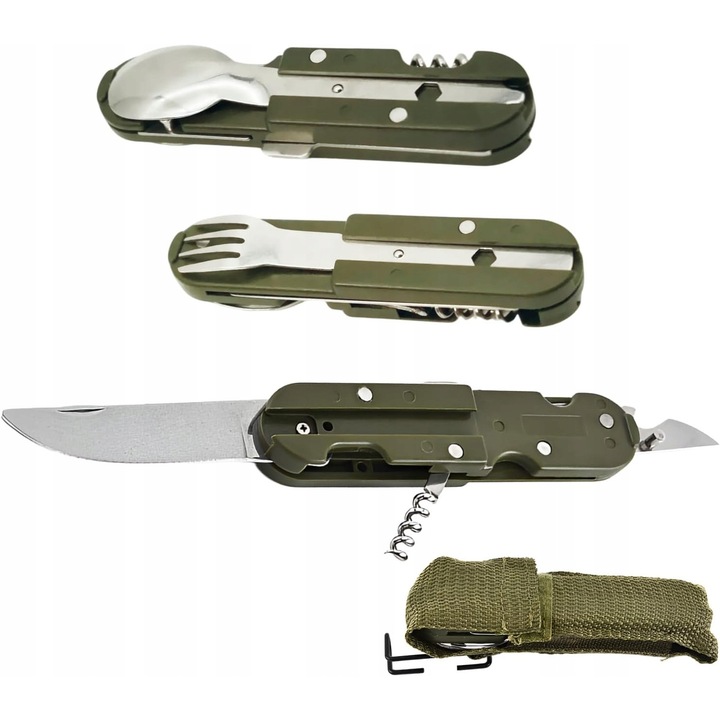 Set camping 5 in 1, cu husa, cutit din inox, 14cm, ultralight, rezistent la apa si socuri