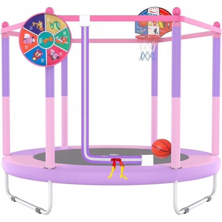 Trampolina pentru copii cu cos de baschet, roz, 150x150x30cm, capacitate 75kg, set cu minge