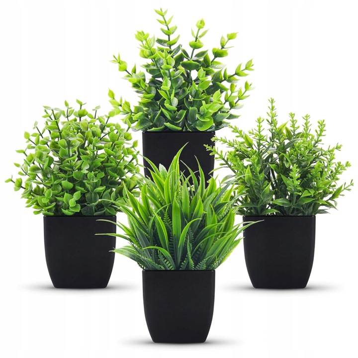 4 mesterséges növény cserépben, konyha és nappali dekoráció, zöld, kompakt