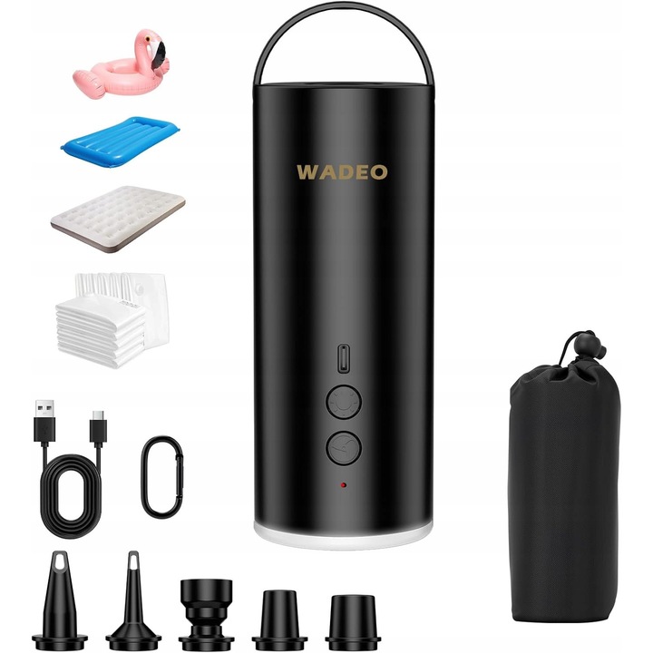 Pompa de umflat WADEO EP4000 3in1, 5 duze, LED, 4000 mAh, 6x6x15cm, negru