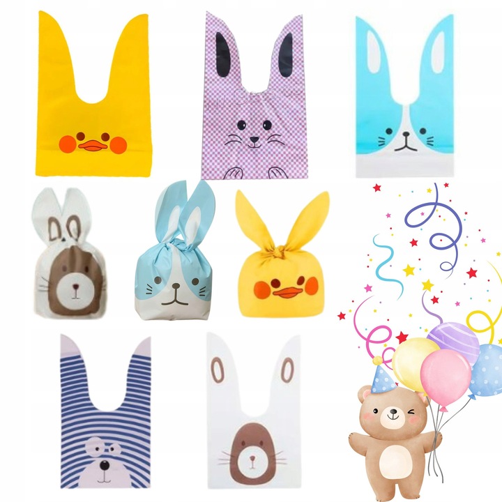 Set 50 pungi de cadou, design cu urechi de iepure, 13x22cm, multicolor