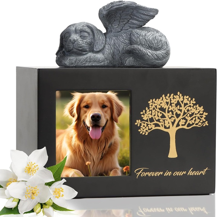Urna din lemn, neagra, pentru caini, cu statueta
