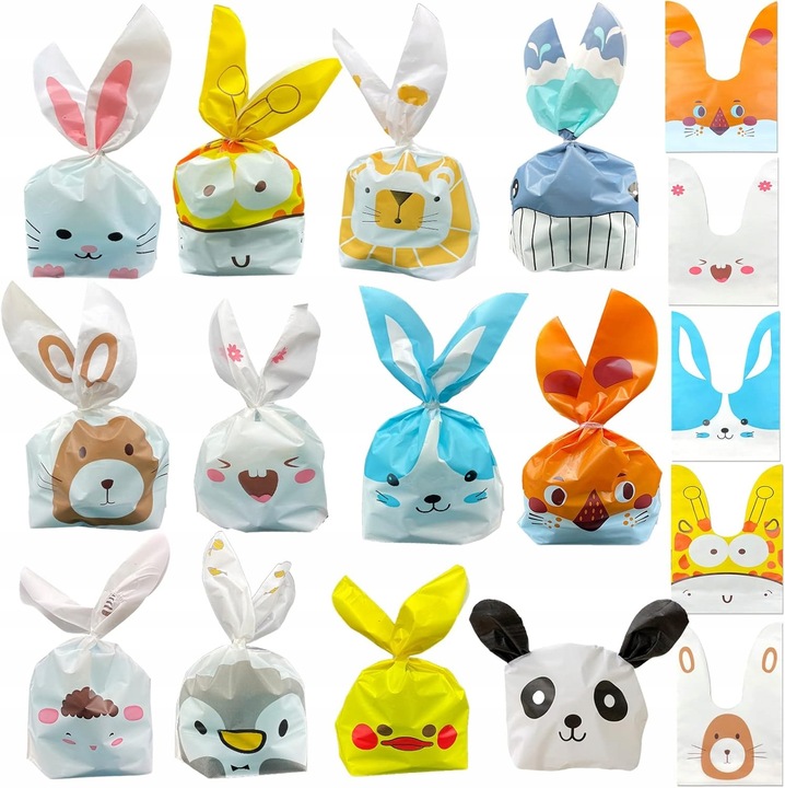 Set 60 torebki prezentowe cu urechi de iepure, 12 modele, 13,5x23cm, sigure pentru alimente