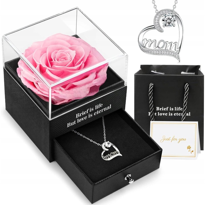 Set colier cu trandafir etern, pentru mama, in cutie
