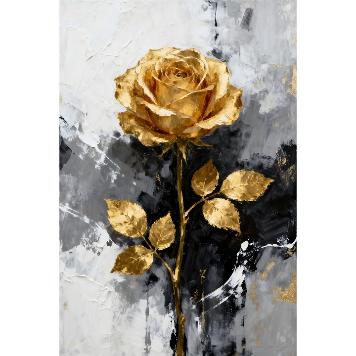 Tablou Canvas Trandafir golden, 90x60cm, stilizat, stil pictura, sasiu de lemn, panza de bumbac 90%, agatatoare invizibila, pentru bucatarie, living