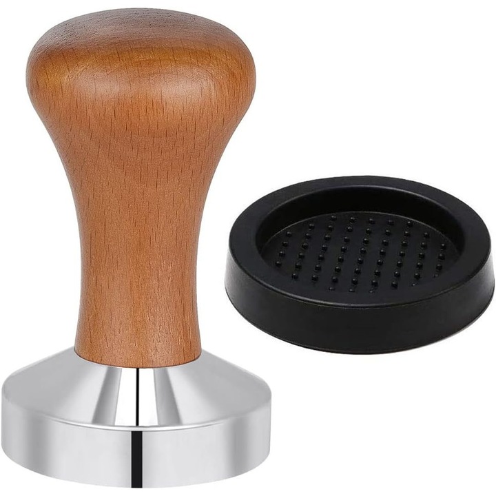 Tamper pentru cafea, 51mm, 70mm, inox, cu suport din silicon