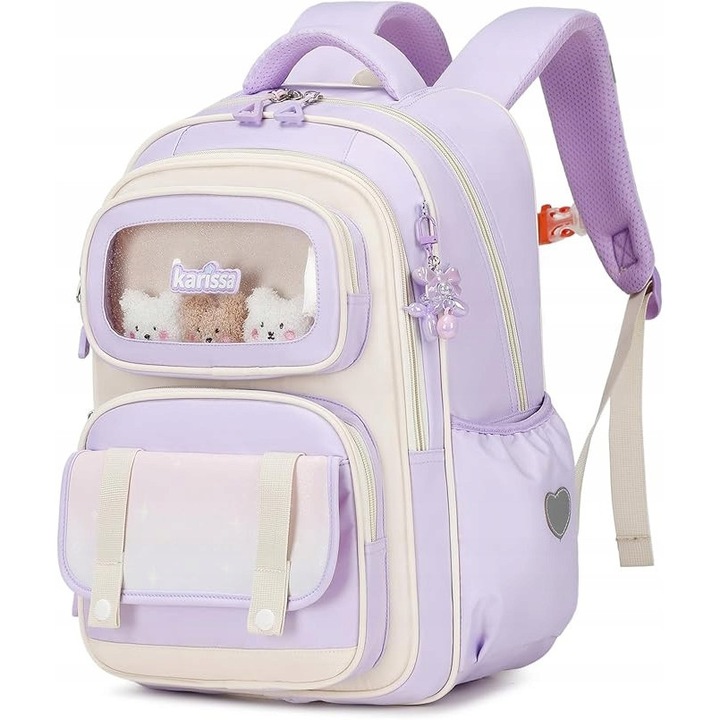 Rózsaszín iskolatáska lányoknak, 20L, 3 plüss játékkal, 6 rekeszes