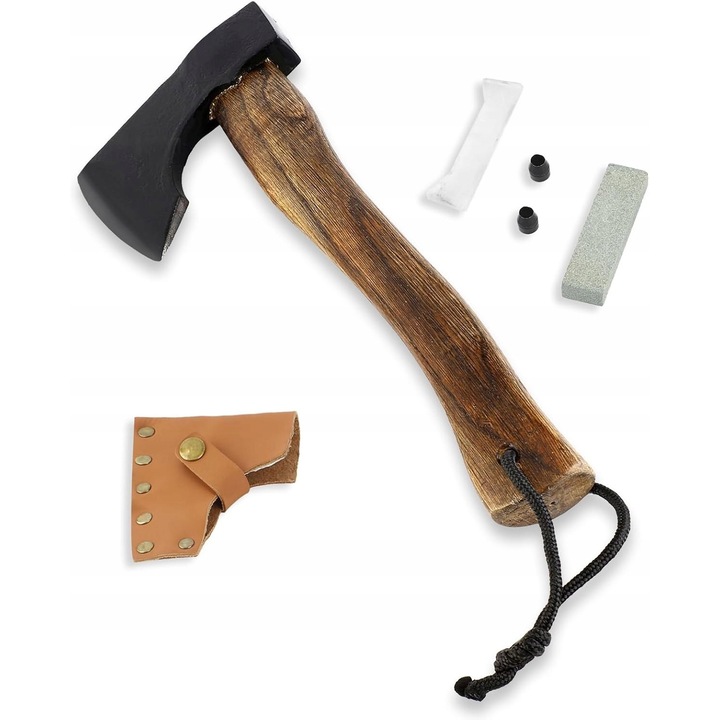 Topor outdoor, 31cm, 690g, cu maner din lemn, lama din otel inoxidabil, cu teaca din piele, culoare maro