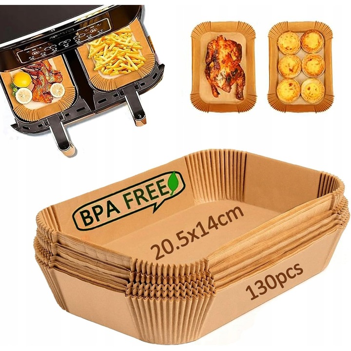 Set de 130 foi de hartie de copt pentru friteuza, 20,5x14x4,5cm, rezistenta la temperaturi de pana la 220C, biodegradabil