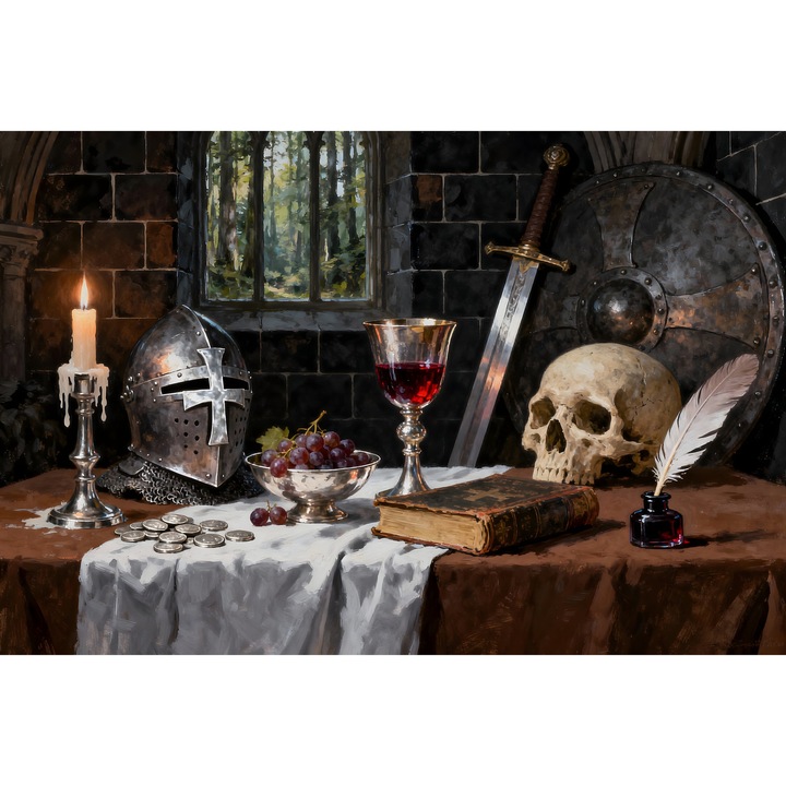 Tablou Canvas Natura statica medievala 9, 90x60 cm, arme, aur, flori, stil pictura, sasiu de lemn, panza de bumbac 90%, agatatoare invizibilla