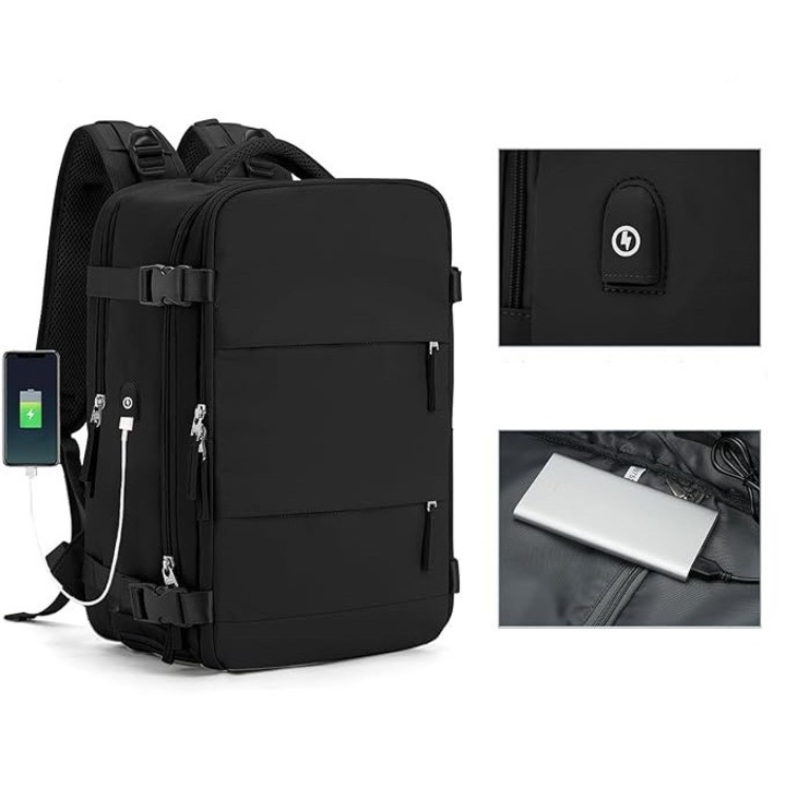 Rucsac calatorie, RGL, cu compartiment pentru incaltaminte si port USB, 40x20x25cm, negru