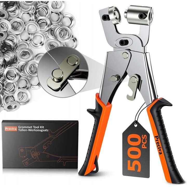 Cutter manual Preciva pentru banere si prelate, 10mm, set 500 ochiuri, negru-portocaliu, 23x12.5cm