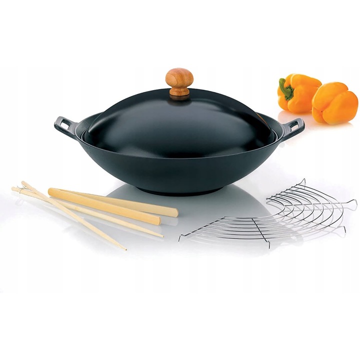 Set wok Kela, fonta 36cm, capac metalic, accesorii incluse
