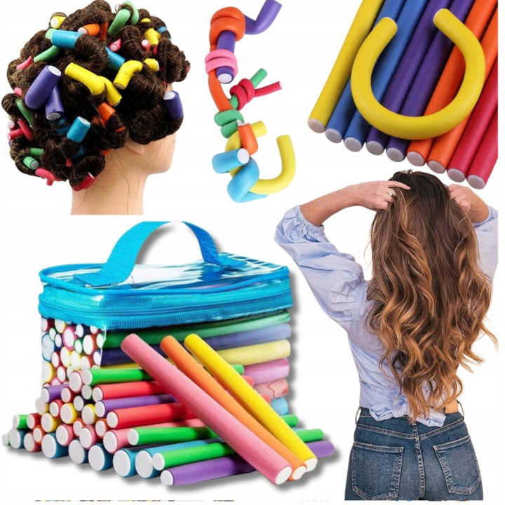 Hajcsavarók, 42 darabos készlet, színes, tokkal