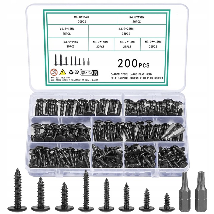 Set de suruburi auto-gauritoare Torx, 200 bucati, dimensiuni variate, negru