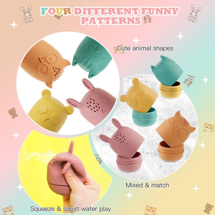 4 részes fürdőjáték szett, színes állatok, élelmiszeripari szilikon, biztonságos gyerekeknek, többszínű
