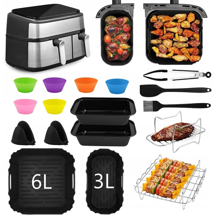 Set accesorii pentru friteuza cu aer cald 6L + 3L, 17 piese