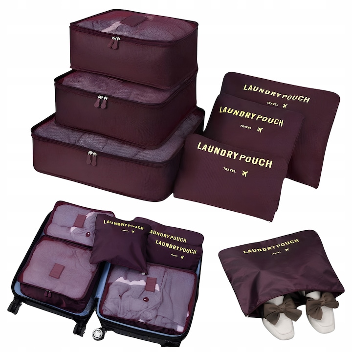 Set 6 organizatoare pentru bagaj, 3 genti mari si 3 pungi de depozitare, impermeabile, reutilizabile, visiniu