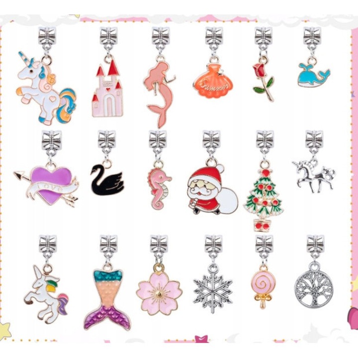 Set de bratari DIY pentru copii, 18 margele, 18 charms, 2 lanturi, 4 coliere, 2 agrafe, multicolor