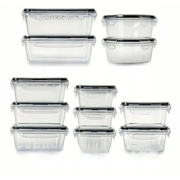 12 darabos műanyag élelmiszertároló doboz készlet, különböző méretek, szilikon tömítés