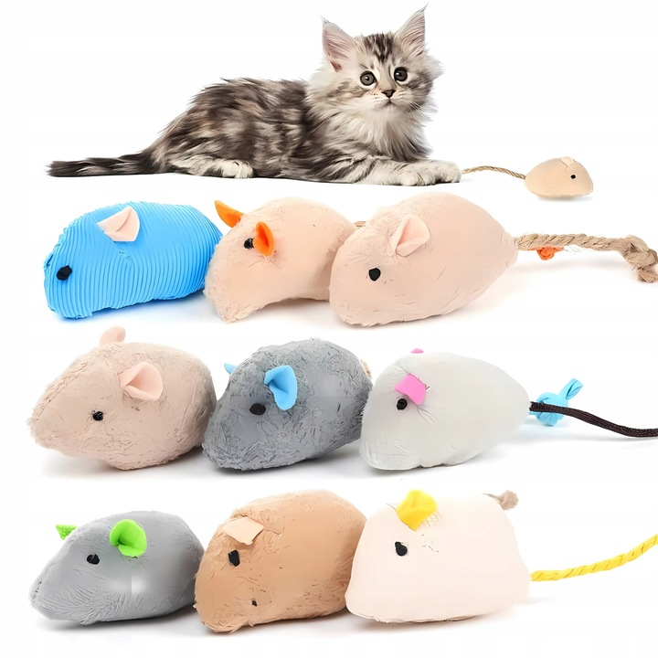 Set de 9 jucarii din plus pentru pisici, interactiv, model soarece
