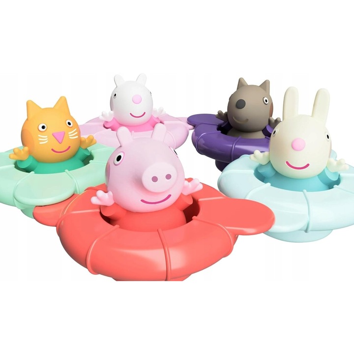 Set jucarii de baie, Peppa Pig, 5 figurine si 5 inele cu fantani, 26x26x8,3cm, pentru copii de la 18 luni