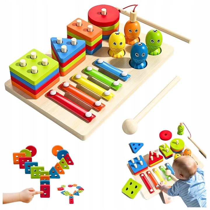 Играчка Монтесори 3 в 1, сортиране на форми, музикален инструмент, цветна