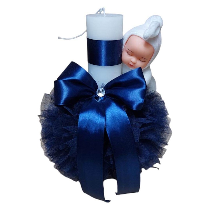 Lumanare botez cu bebelus jucarie, tulle si fundita – bluemarin, 35 cm