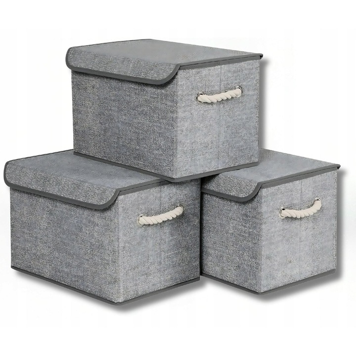 3 tárolódoboz készlet, szürke, 38x25x25cm, sötét fedéllel, otthoni rendszerezéshez