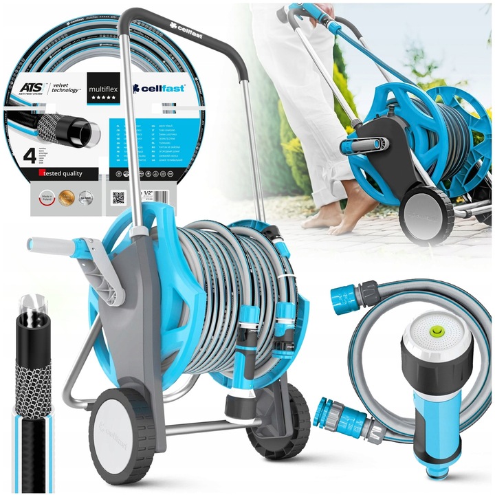 Cellfast teljes öntözőkészlet, 3/4" 30m tömlő, tekercs karral, RAIN szórópisztoly, UV-álló
