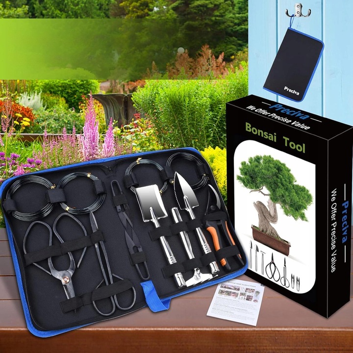 Set unelte gradinarit 13 in 1, foarfece bonsai, otel inalt carbon, manere ergonomice, geanta portabila