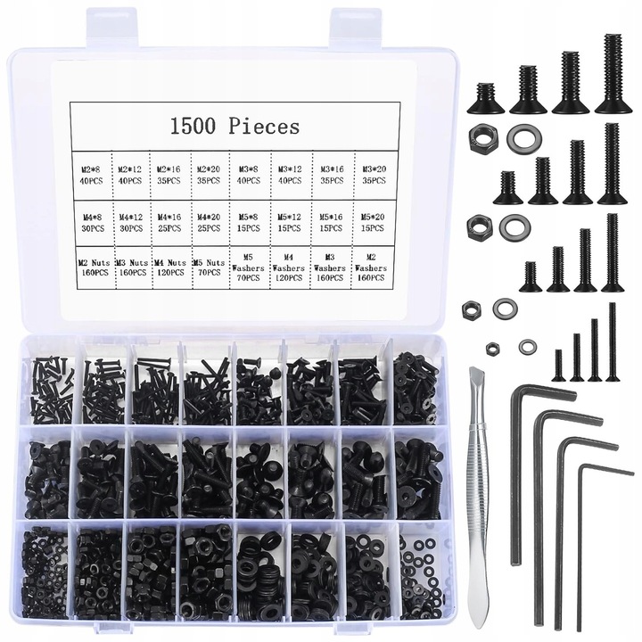 Set suruburi imbus M2 M3 M4 M5, 1500 bucati, negru, in etui