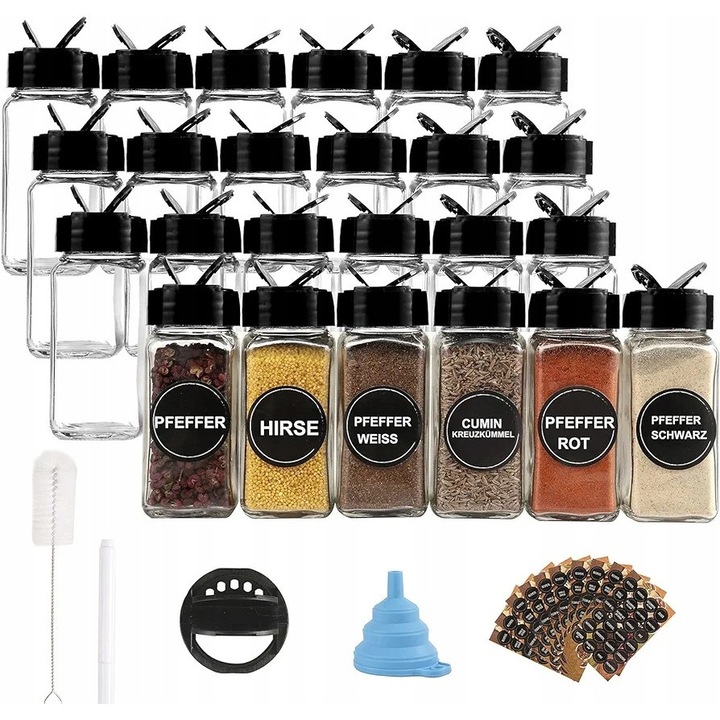 Комплект от 24 буркана за подправки 120ml, етикети, бял маркер, фуния, стъкло, черна капачка