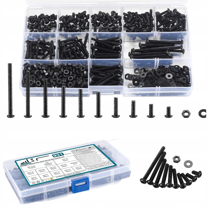 Set 931 elemente suruburi M3, otel aliat 10.9, rezistent la coroziune, argintiu