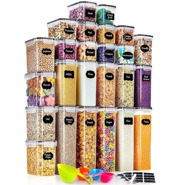 25 tárolóedény készlet, címkék, mérőkanalak, átlátszó