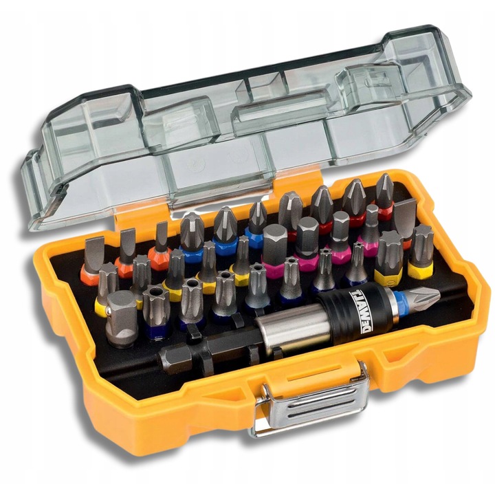Set de biti DEWALT 32 piese, magnetici, Torx, etui Tough Case, galben/translucid
