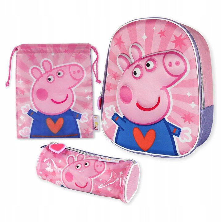 Set scolar 3 in 1, rucsac 3D, torba pentru gustari, penar, Swinka Peppa, roz, 26x31x10cm