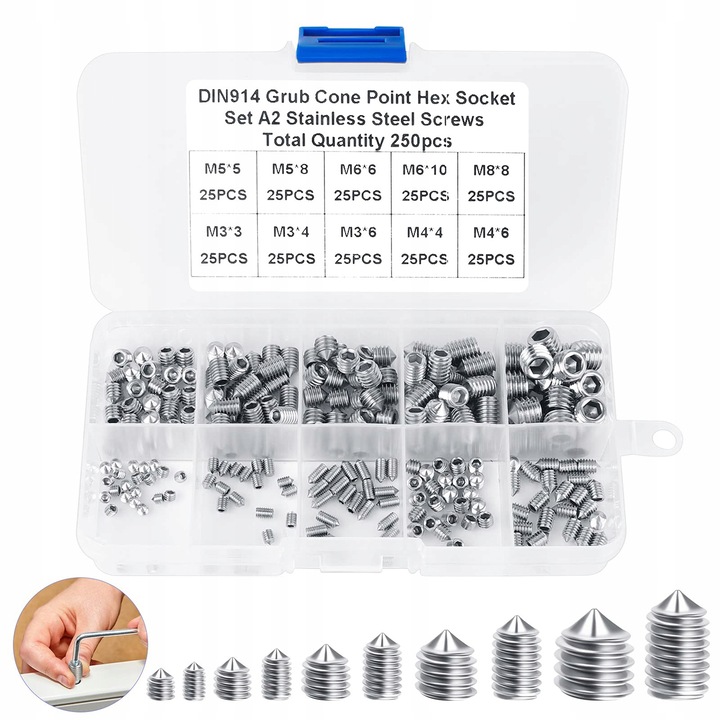 Set 250 suruburi imbus din otel inoxidabil 304, argintii, dimensiuni variate, 13x6,5x2,3cm