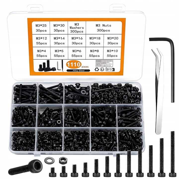 Set 1100 elemente suruburi, piulite, si rondelle M3, otel carbon, 18x10x2,3cm, negru