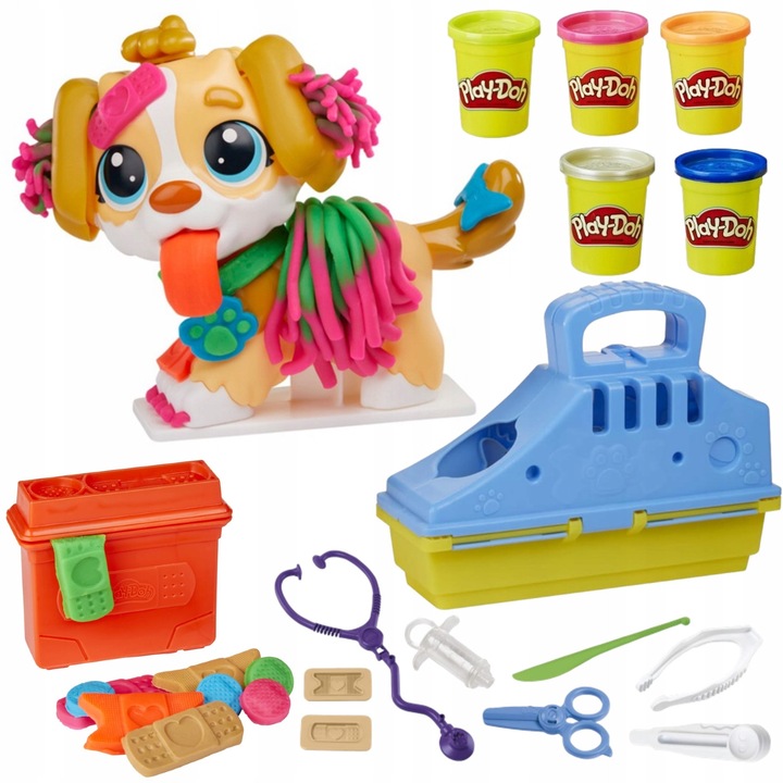 Set Play-Doh Veterinar, 5 tuburi, accesorii, multicolor, 3+ ani